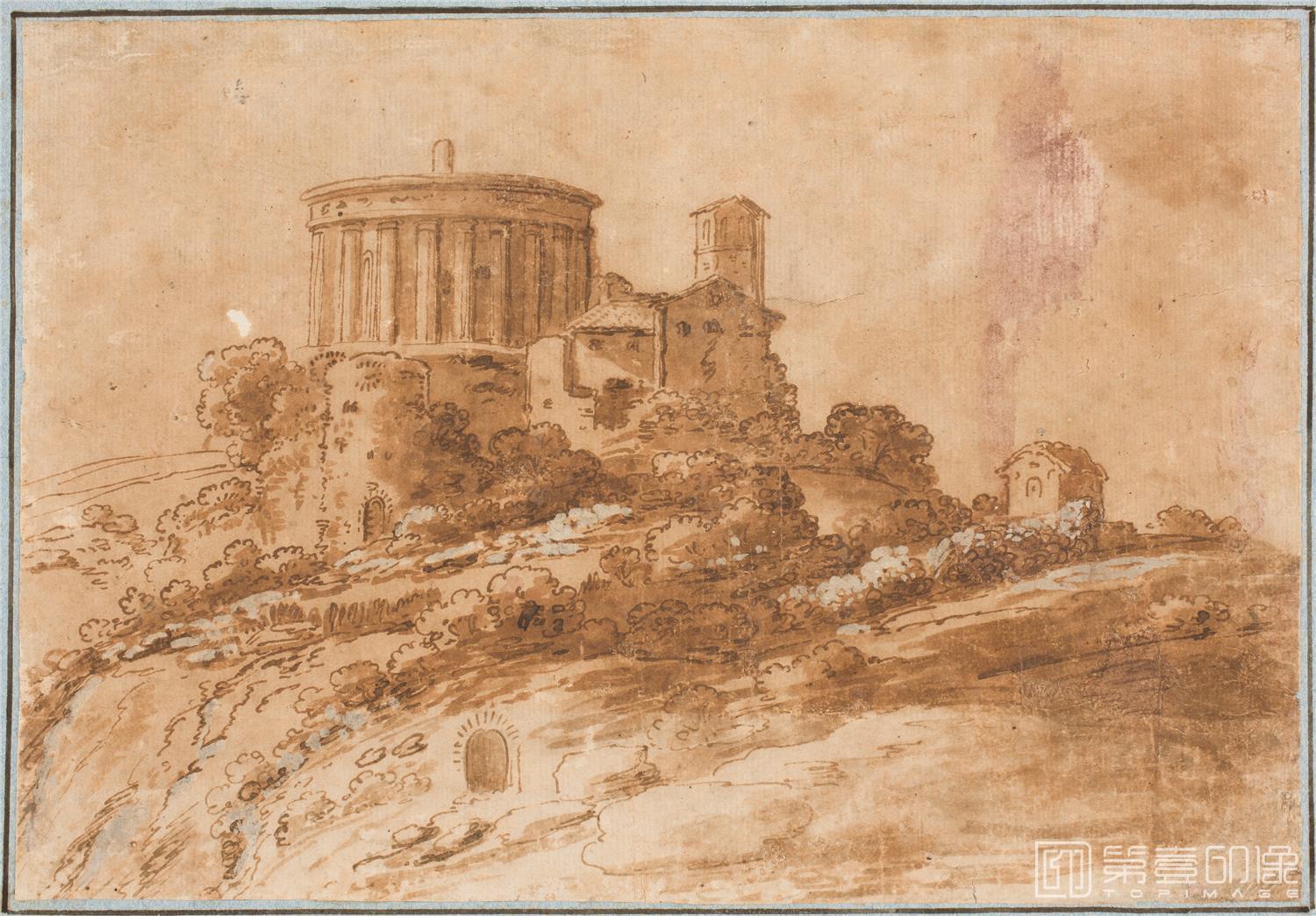 素描-西班牙普拉多美术馆素描藏画-Anonimo-Paisaje con templo clasico al fondo-0453